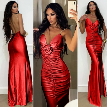 Rochii Dama - Rochie de seara din satin cu trandafir aplicat pe decolteu