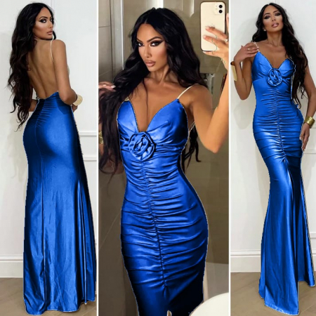 Rochii Dama - Rochie de seara din satin cu trandafir aplicat pe decolteu