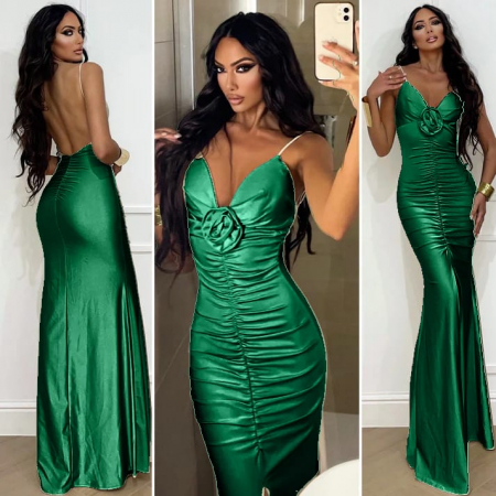 Rochii Dama - Rochie de seara din satin cu trandafir aplicat pe decolteu