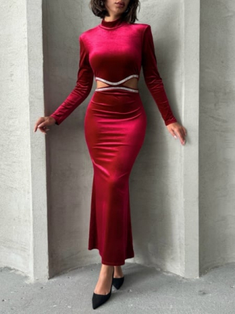 Rochii Dama - Rochie de seara maxi din catifea cu strasuri si maneca lunga