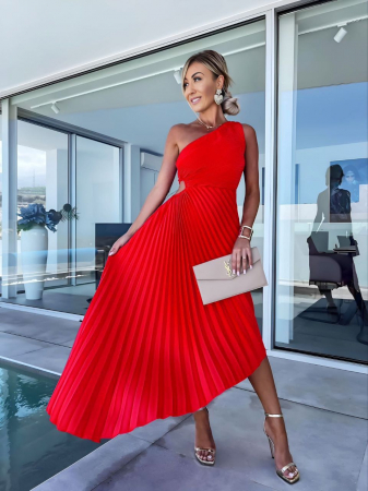 Rochii Dama - Rochie de seara midi Rosie Plisata - rosu