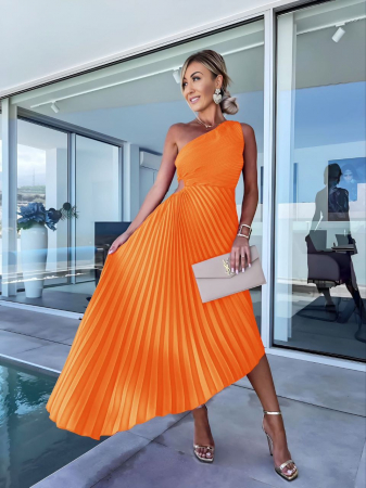 Rochii Dama - Rochie de seara midi Rosie Plisata - portocaliu