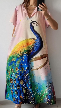 Rochii Dama - Rochie de vara lunga cu buzunare imprimata cu model Fashion