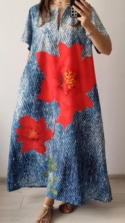 Rochii Dama - Rochie de vara lunga cu buzunare imprimata cu model Fashion