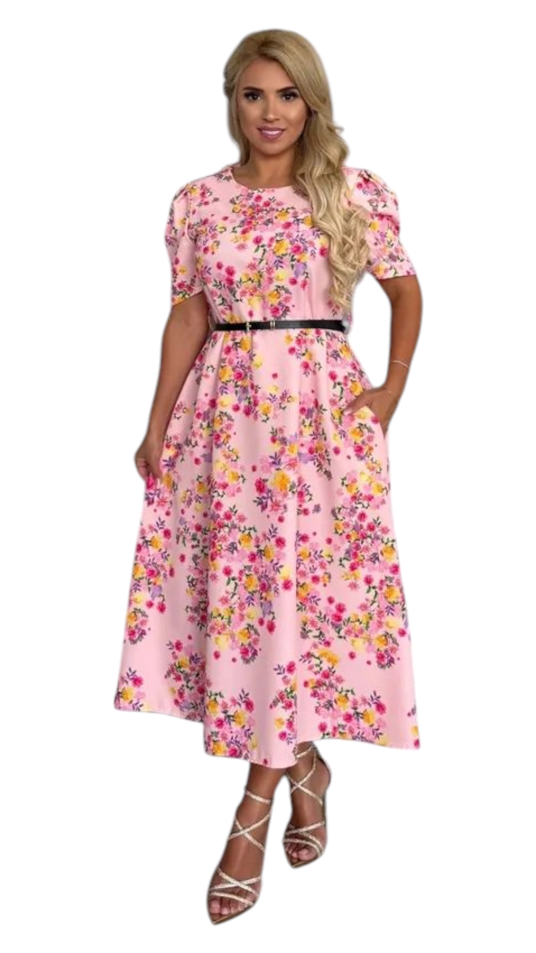 Rochii Dama - Rochie eleganta cu croiala lunga si curelusa – model floral cu maneci bufante si buzunare laterale, marime universala