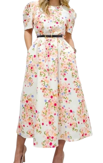 Rochii Dama - Rochie eleganta cu croiala lunga si curelusa – model floral cu maneci bufante si buzunare laterale, marime universala