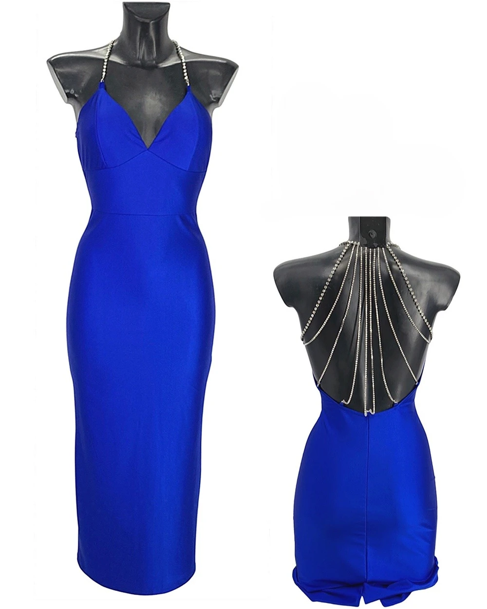 Rochii Dama - Rochie Eleganta De Seara Midi Cu Lanturi Spate, Made in Italy, Marime Universala