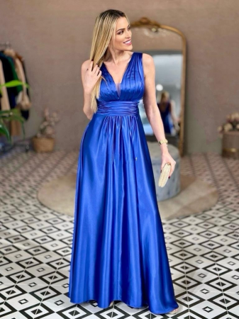 Rochii Dama - Rochie elegantă din satin premium – Decolteu adânc, bust plisat și croială sofisticată