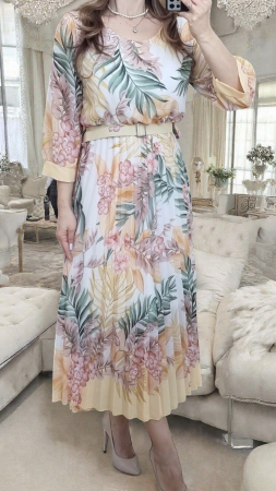 Rochii Dama - Rochie lunga din triplu voal cu imprimeu floral si curea inclusa – marime universala S-XL