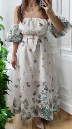 Rochii Dama - Rochie lunga eleganta de vara cu umeri goi si imprimeu floral, croi clos si maneci bufante, marime universala S-L