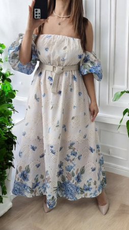 Rochii Dama - Rochie lunga eleganta de vara cu umeri goi si imprimeu floral, croi clos si maneci bufante, marime universala S-L