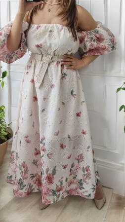 Rochii Dama - Rochie lunga eleganta de vara cu umeri goi si imprimeu floral, croi clos si maneci bufante, marime universala S-L