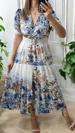 Rochii Dama - Rochie lunga vaporoasa cu imprimeu floral si curea accesorizata, croi in clos, marime unica S-L
