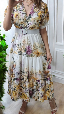 Rochii Dama - Rochie lunga vaporoasa cu imprimeu floral si curea accesorizata, croi in clos, marime unica S-L