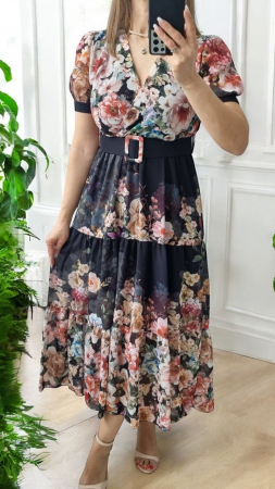 Rochii Dama - Rochie lunga vaporoasa cu imprimeu floral si curea accesorizata, croi in clos, marime unica S-L