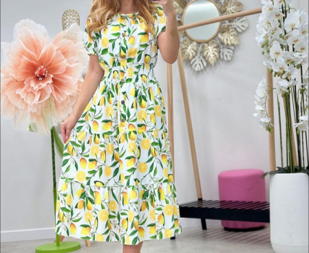 Rochii Dama - Rochie lunga vara din vascoza cu imprimeu lamai, marime universala, talie elastica