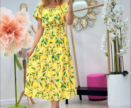 Rochii Dama - Rochie lunga vara din vascoza cu imprimeu lamai, marime universala, talie elastica