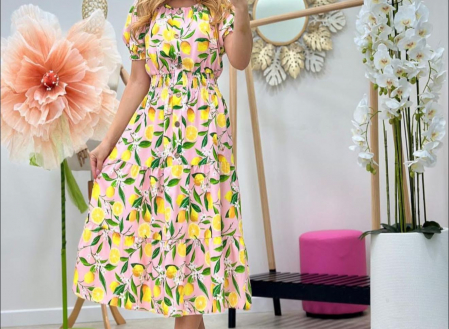 Rochii Dama - Rochie lunga vara din vascoza cu imprimeu lamai, marime universala, talie elastica