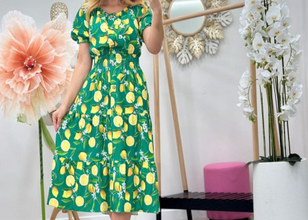 Rochii Dama - Rochie lunga vara din vascoza cu imprimeu lamai, marime universala, talie elastica