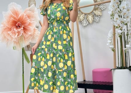 Rochii Dama - Rochie lunga vara din vascoza cu imprimeu lamai, marime universala, talie elastica