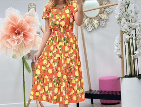 Rochii Dama - Rochie lunga vara din vascoza cu imprimeu lamai, marime universala, talie elastica