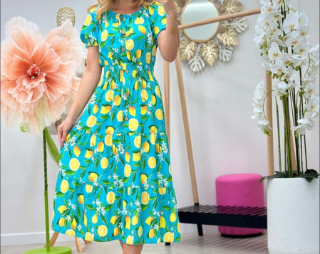 Rochii Dama - Rochie lunga vara din vascoza cu imprimeu lamai, marime universala, talie elastica