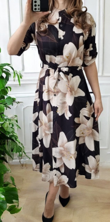 Rochii Dama - Rochie midi din vascoza cu imprimeu floral si cordon – marime universala S-XL