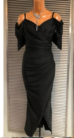 Rochii Dama - Rochie midi satin-lycra cu strasuri, bretele subtiri, umeri goi si croiala petrecuta – marime universala S-M