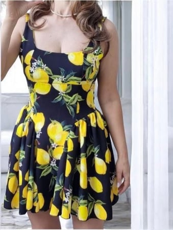 Rochii Dama - Rochie mini dama cu imprimeu lamai, portelan sau animal print – talie accentuata, funda la spate