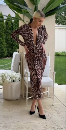 Rochii Dama - Rochie maxi cu imprimeu animal print si fronseuri - decolteu adanc - Hannah - maneca lunga