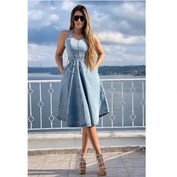Imbracaminte Dama - Rochie Sarafan Blugi - Denim - cu Lant in Talie