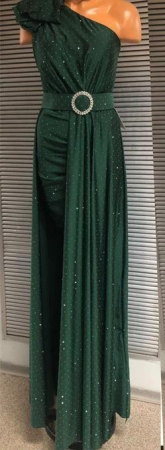 Rochii Dama - Rochie satin-lycra eleganta cu strasuri, bretea pe un umar, trena si curea inclusa