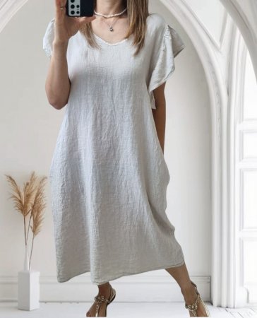 Rochii Dama - Rochie vaporoasă din in 100% cu mâneci cu volane – Croială lejeră, culori pastelate