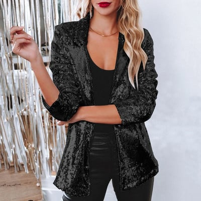 Sacouri Dama - Sacou Dama din Catifea cu Paiete Stralucitoare - Blazer Party - negru