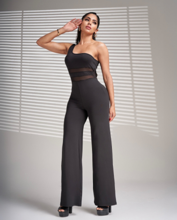 Salopeta Dama - Salopeta neagra eleganta cu un umar gol si insertii de plasa – lycra cu croiala evazata