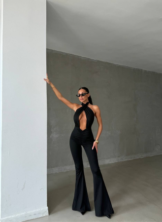 Salopeta Dama - Salopeta neagra lycra cu decupaj frontal si spate gol, croi evazat - marimi S M