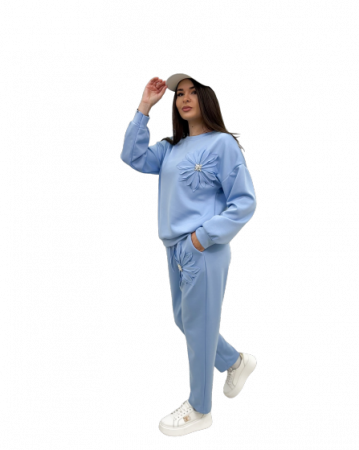 Compleuri Dama - Set Casual Vascoza Cu Elastan, Bluza Cu Floare 3D Si Pantaloni, Talie Unica - CHMS