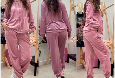 Compleuri Dama - Compleu Dama din Catifea - Pantaloni si Hanorac cu Gluga si Fermoar