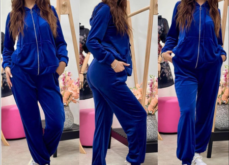 Compleuri Dama - Compleu Dama din Catifea - Pantaloni si Hanorac cu Gluga si Fermoar