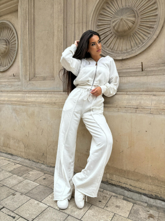 Compleuri Dama - Trening Dama Bumbac - Compleu 2 Piese: Pantaloni Evazati si Hanorac cu Gluga