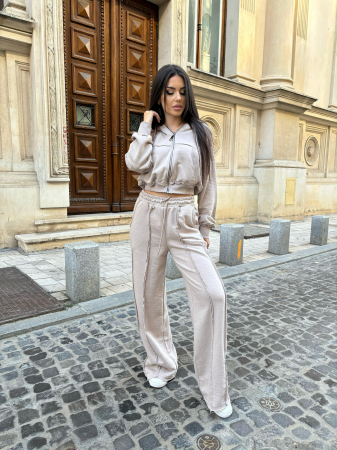 Compleuri Dama - Trening Dama Bumbac - Compleu 2 Piese: Pantaloni Evazati si Hanorac cu Gluga