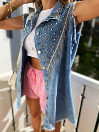 Veste - Vesta de blug cu tinte si franjuri