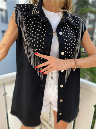 Veste - Vesta de blug cu tinte si franjuri