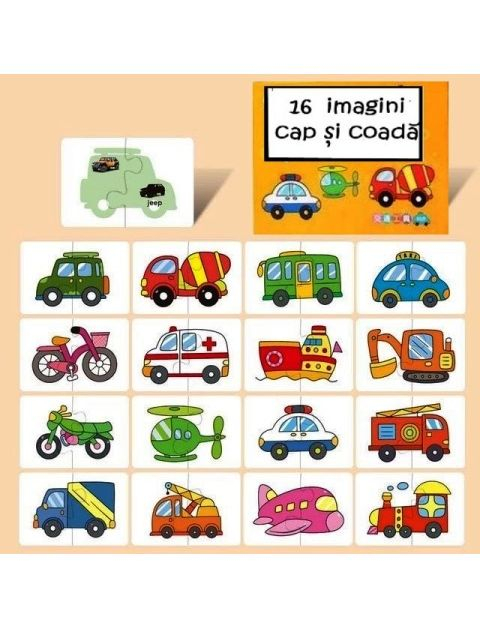 Cartonase de asociere din doua piese, 16 imagini, 32 piese, autovehicule, multicolor,  +3 ani [1]
