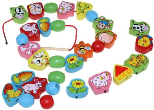 Joc de tip Montessori, 56 margele din lemn, 3 ani, Animale [4]