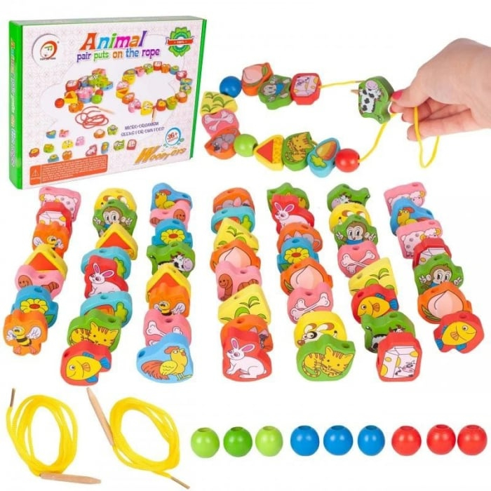 Joc de tip Montessori, 56 margele din lemn, 3 ani, Animale [1]