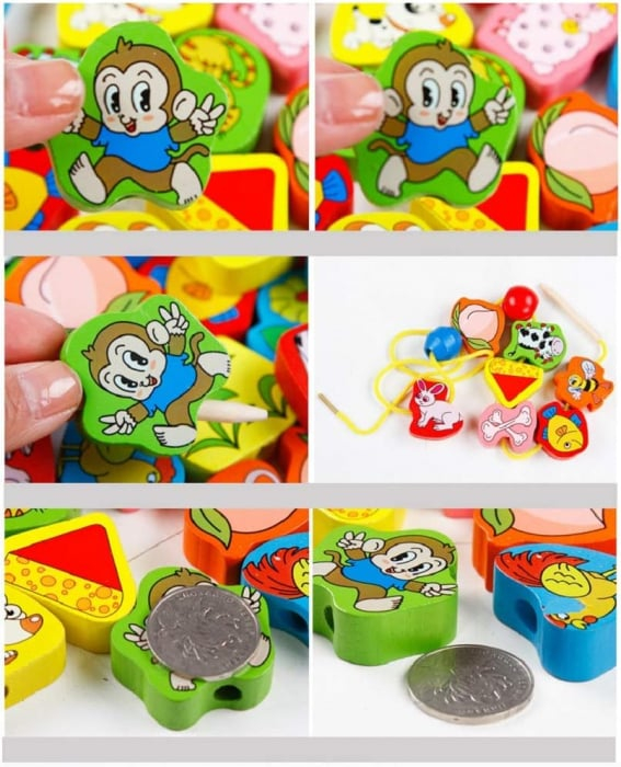 Joc de tip Montessori, 56 margele din lemn, 3 ani, Animale [2]