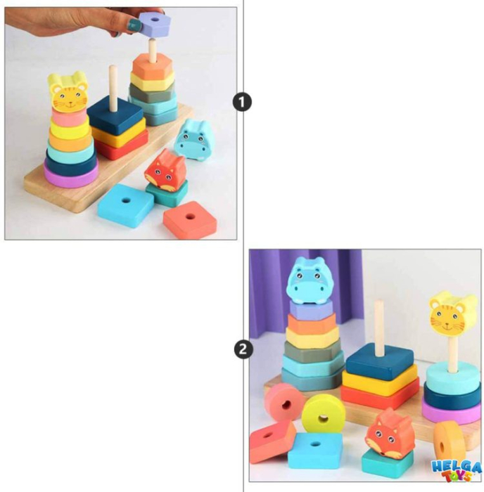 Jucarie educativa din lemn, Turn de stivuit și sortat cu Animale, Montessori, 3 ani+ [3]