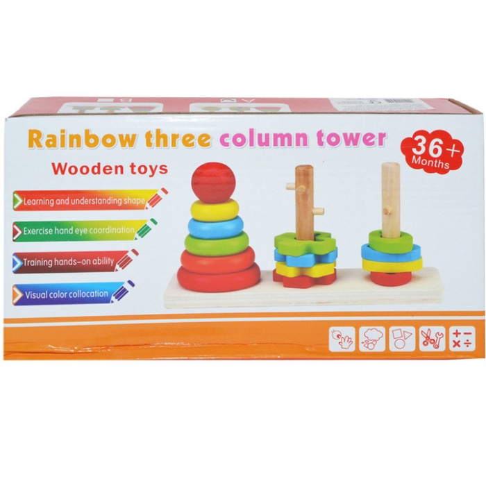 Jucarie Montessori de stivuire și sortare forme,Turn educativ din lemn Rainbow, 3 ani+ [3]