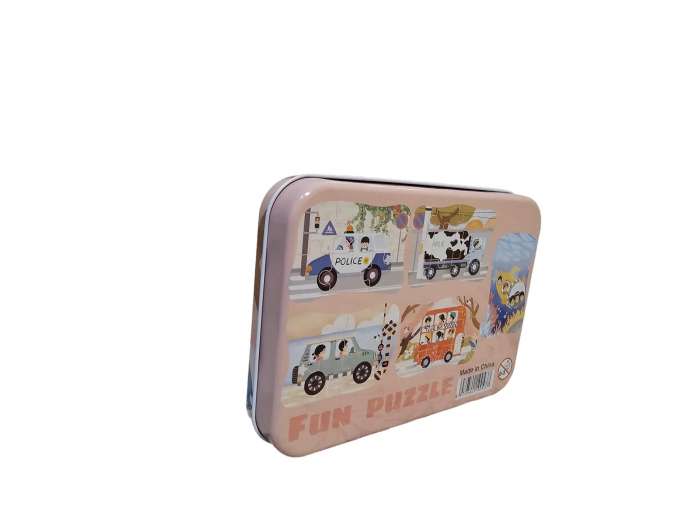Puzzle din lemn pentru incepatori in cutie din metal, 5 planse puzzle, 31 piese, Masini, + 3 ani [3]